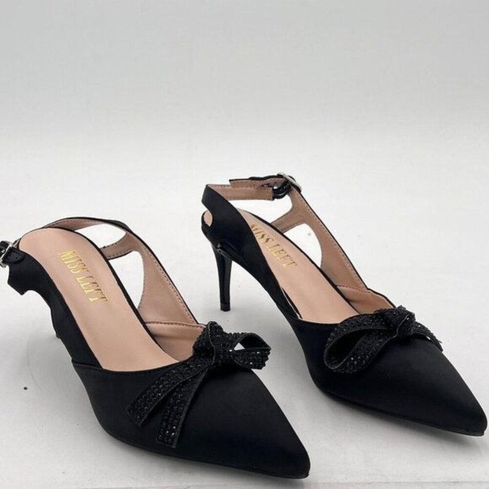 MISS LEFT Black Women Pointed Toe Slingback Pumps Rhinestone Knots Ankle Strap
